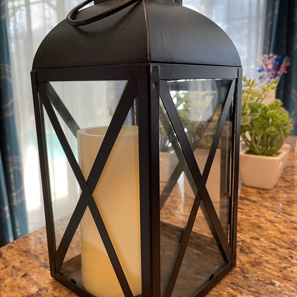 SOLD Black Glass and Metal Lantern